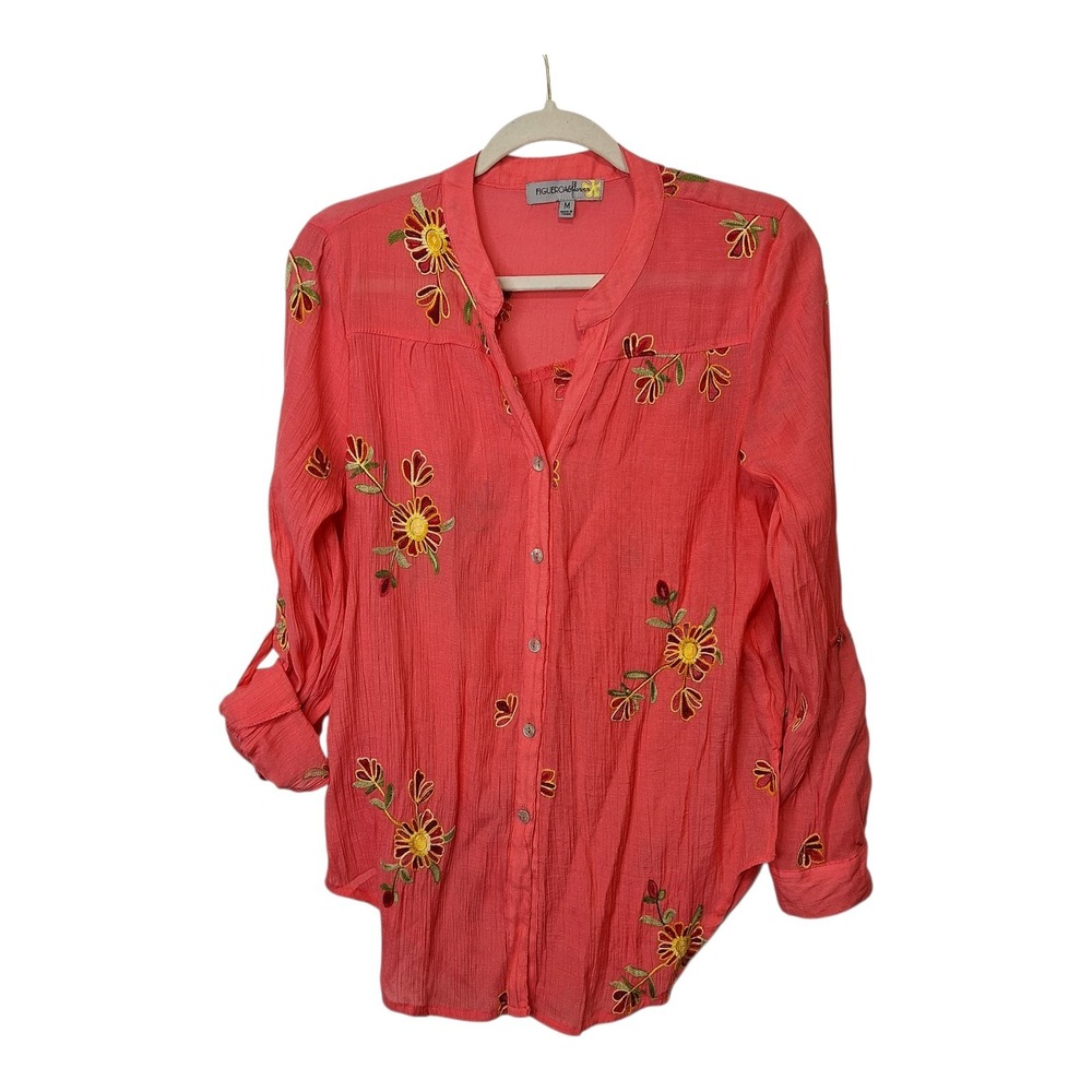 Figueroa & Flower Womens M Floral Embroidered Long Roll Tab Sleeve Coral Buttons